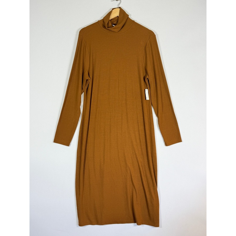 NEW Daily Ritual XL Turtleneck Midi Dress Brown Womens Ribbed Minimalist Bodycon